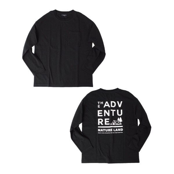 OE天竺・ドロップショルダーポケット付アウトドアプリント長袖Tシャツ