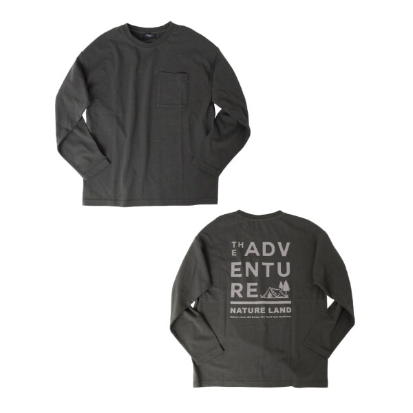 OE天竺・ドロップショルダーポケット付アウトドアプリント長袖Tシャツ