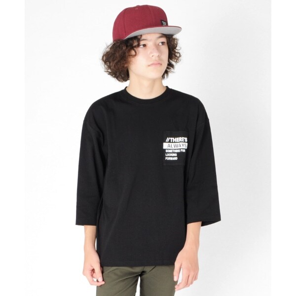 タフ天竺・ドロップショルダーポケットプリント7分袖Tシャツ