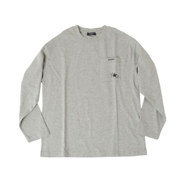 天竺・ドロップショルダーポケットスタープリント長袖Tシャツ