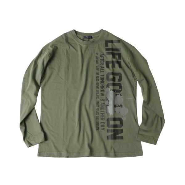 天竺・ドロップショルダー縦ロゴプリント長袖Tシャツ