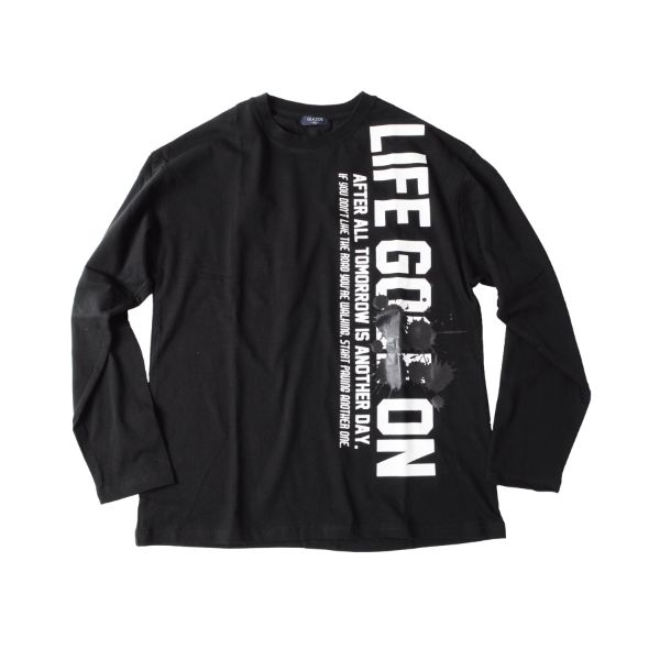 天竺・ドロップショルダー縦ロゴプリント長袖Tシャツ