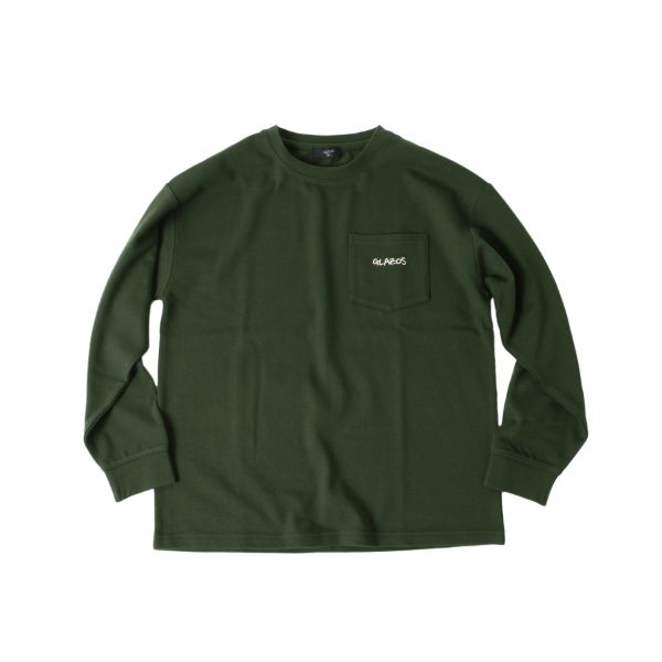 厚手天竺・ドロップショルダーワンポイント刺繍ポケット長袖Tシャツ