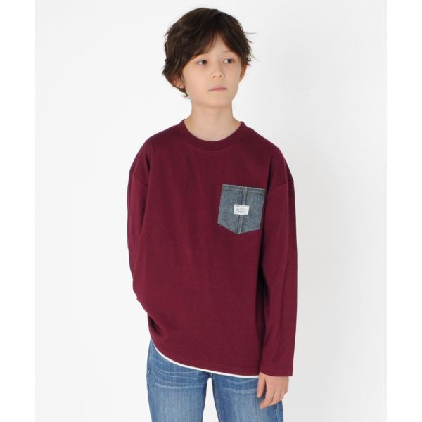 天竺・ドロップショルダーデニムポケットレイヤード長袖Ｔシャツ