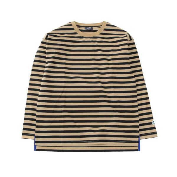 タフ天竺・ドロップショルダーワンポイントワッペンボーダー長袖Ｔシャツ