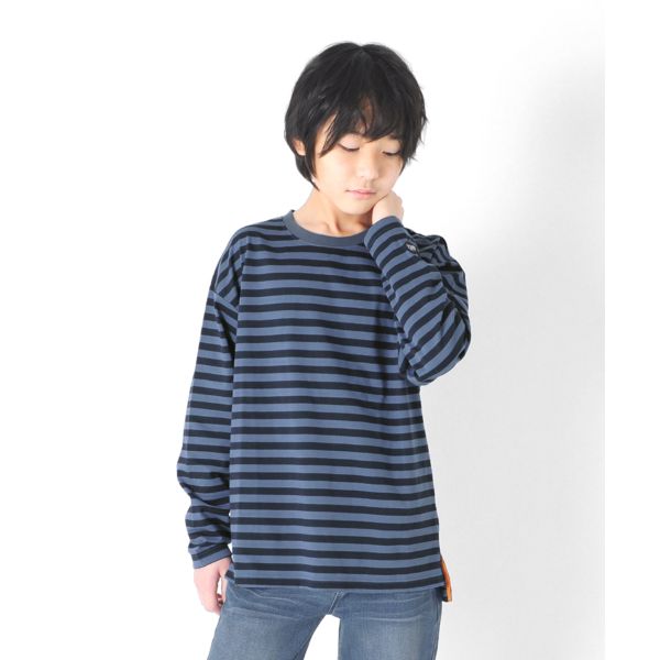 タフ天竺・ドロップショルダーワンポイントワッペンボーダー長袖Ｔシャツ