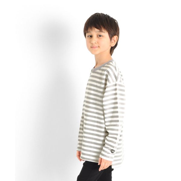 タフ天竺・ドロップショルダーワンポイントワッペンボーダー長袖Ｔシャツ