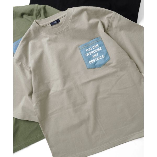 タフ天竺・ドロップショルダーデニムポケット５分袖Tシャツ