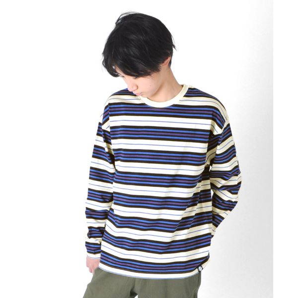 天竺・ドロップショルダーマルチボーダー長袖Tシャツ