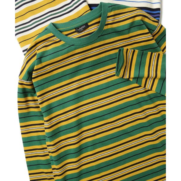 天竺・ドロップショルダーマルチボーダー長袖Tシャツ