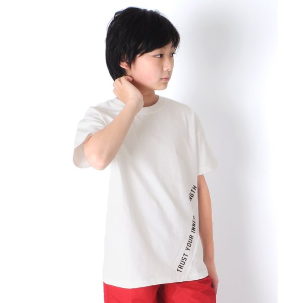 天竺・USAコットン ドロップショルダー斜め切替プリント半袖Tシャツ