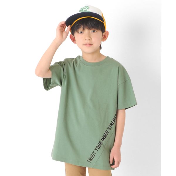 天竺・USAコットン ドロップショルダー斜め切替プリント半袖Tシャツ