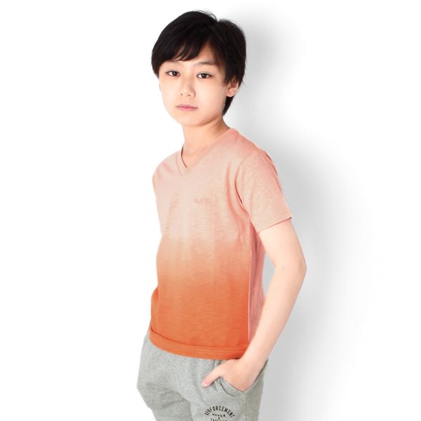 【大人向けサイズあり】スラブ天竺・グラデーションプリント刺繍ロゴVネック半袖Ｔシャツ