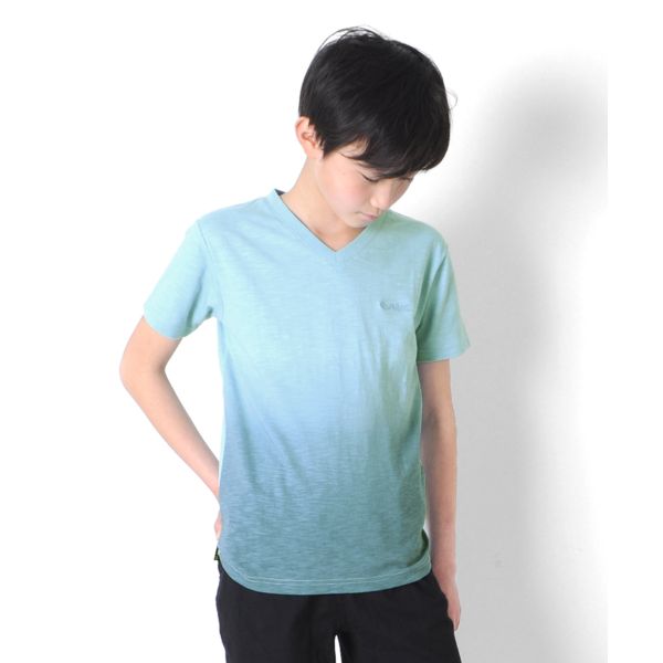 【大人向けサイズあり】スラブ天竺・グラデーションプリント刺繍ロゴVネック半袖Ｔシャツ