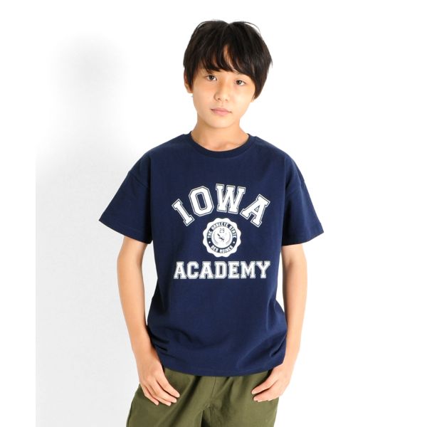 【大人向けサイズあり】天竺・USAコットンドロップショルダーカレッジロゴ半袖Tシャツ