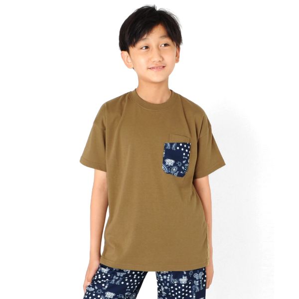 【大人向けサイズあり】天竺・ドロップショルダー総柄Wポケット半袖Tシャツ【セットアップ対応】