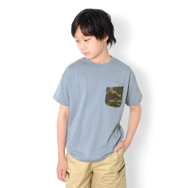 【大人向けサイズあり】天竺・ドロップショルダー総柄Wポケット半袖Tシャツ【セットアップ対応】