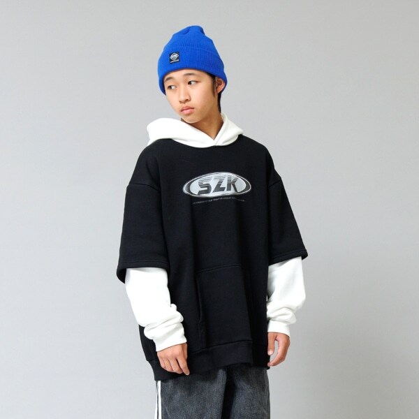 【大人向けサイズあり】【あったか】裏起毛・袖レイヤードフロントプリントパーカー