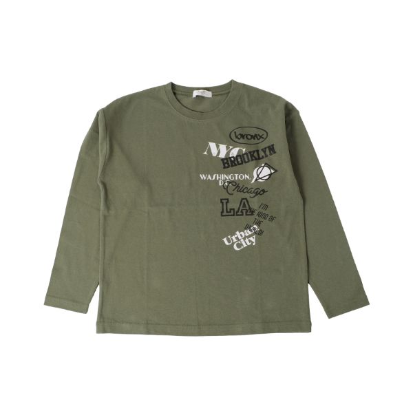 天竺・ドロップショルダープリント長袖Tシャツ