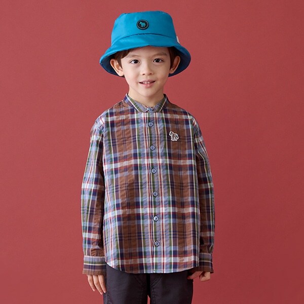 ノーカラー先染め長袖シャツ