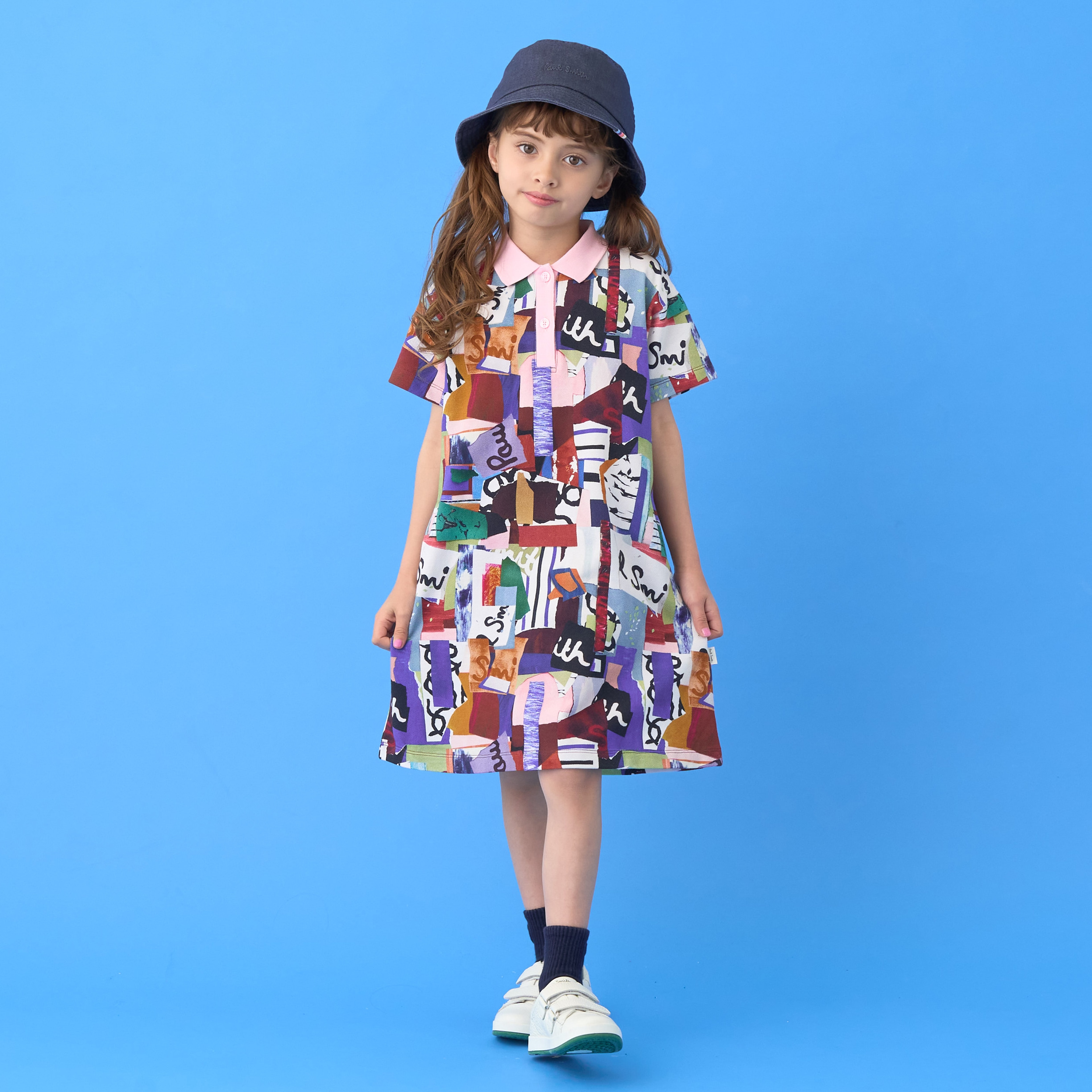 コラージュ柄半袖ポロワンピース