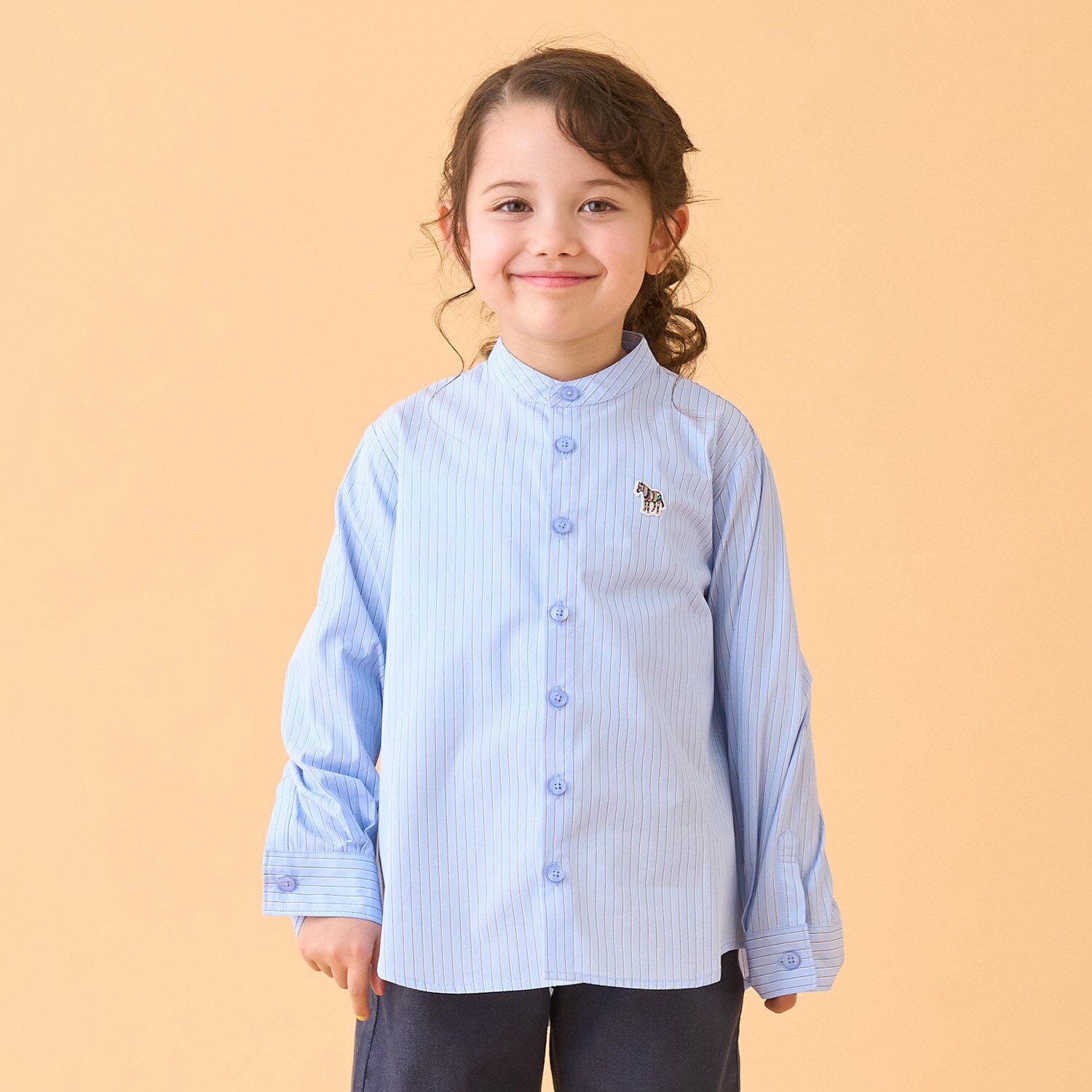 ノーカラーストライプ長袖シャツ