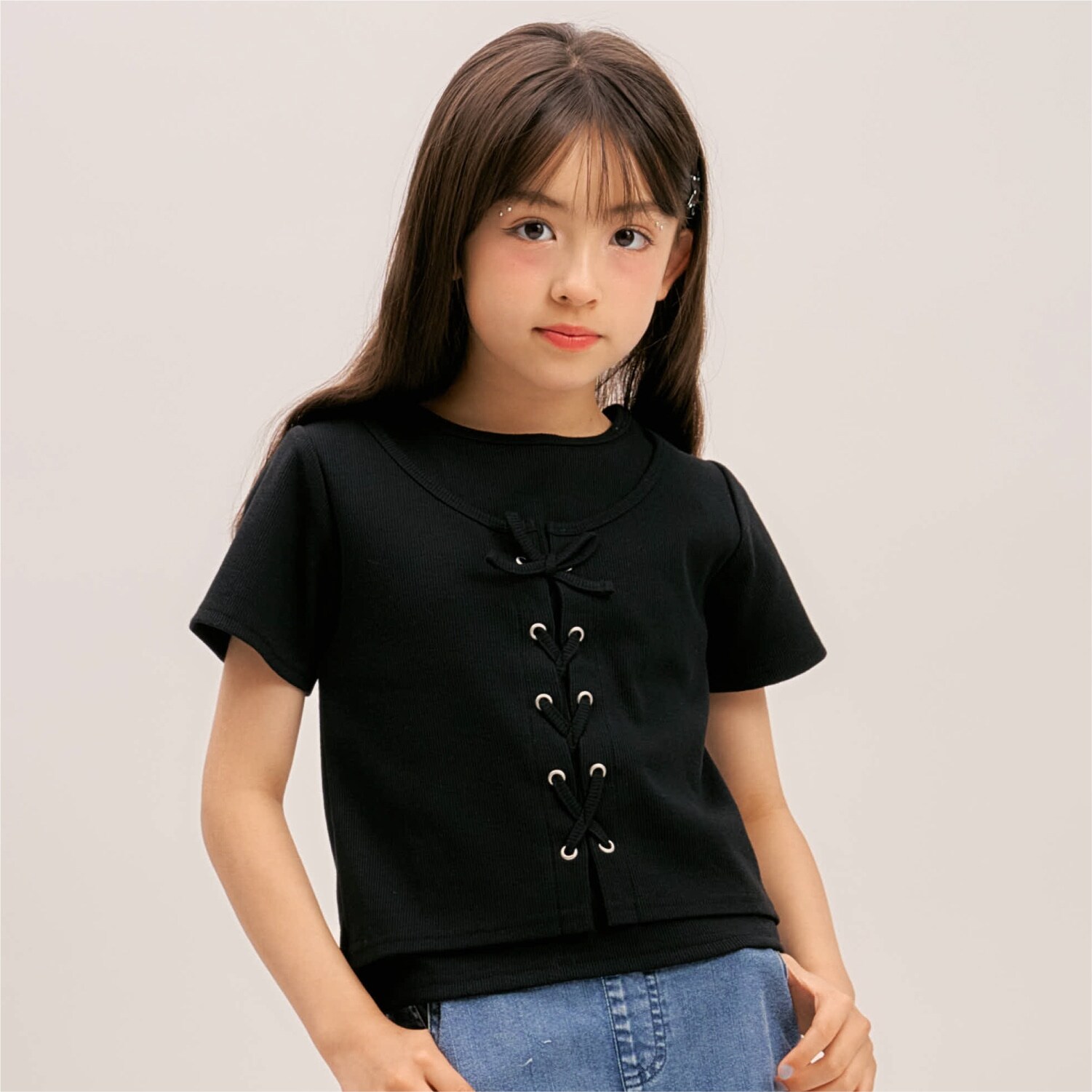 【吸水速乾】【サラサラプラス】テレコレースアップ半袖Tシャツ