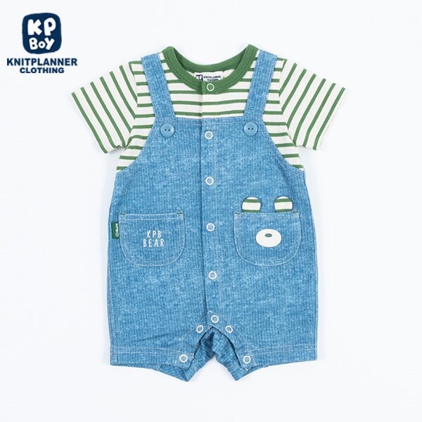 くまちゃんモチーフボーダーカバーオール(Free70-80cm)