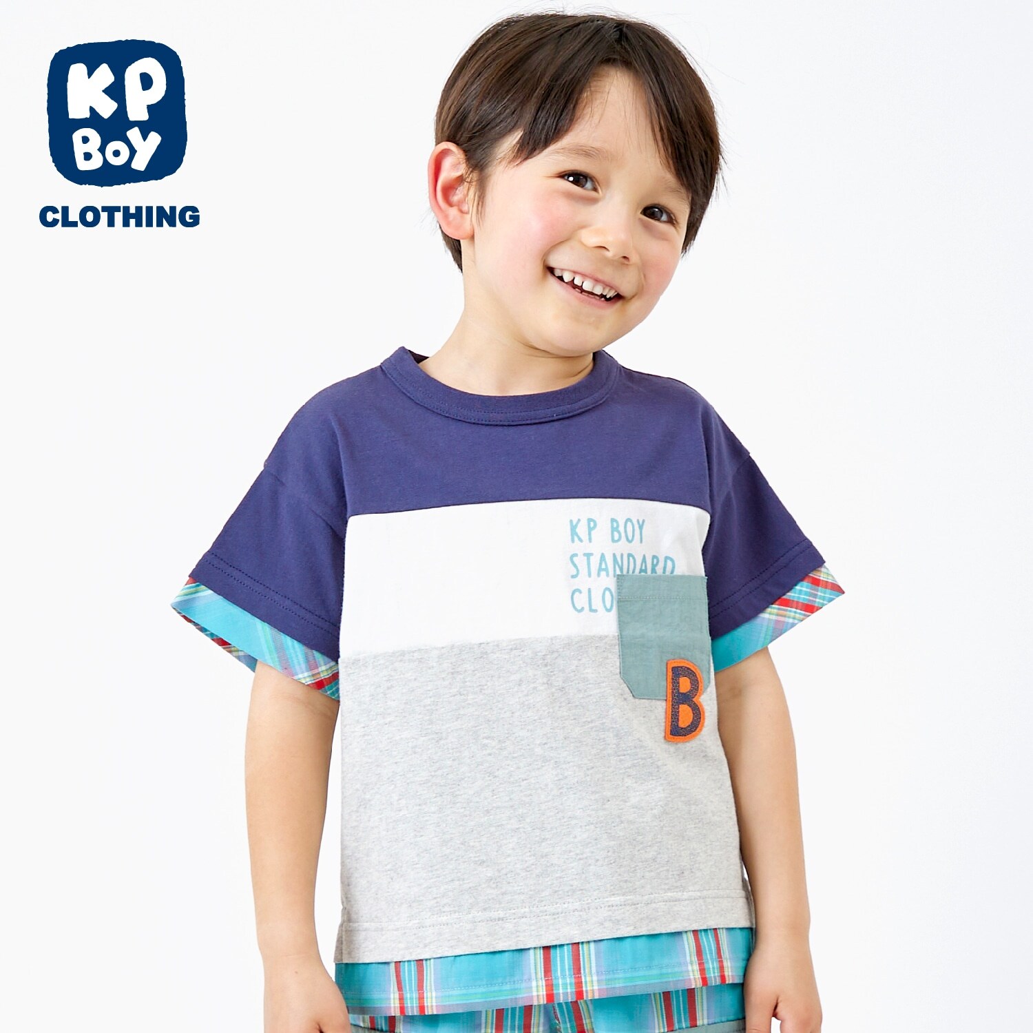 ナイロンポケットつき　前身3色切り替え半袖Tシャツ