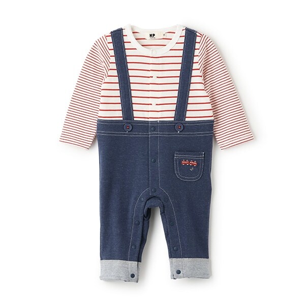 デニム＋ボーダーレイヤード風カバーオール