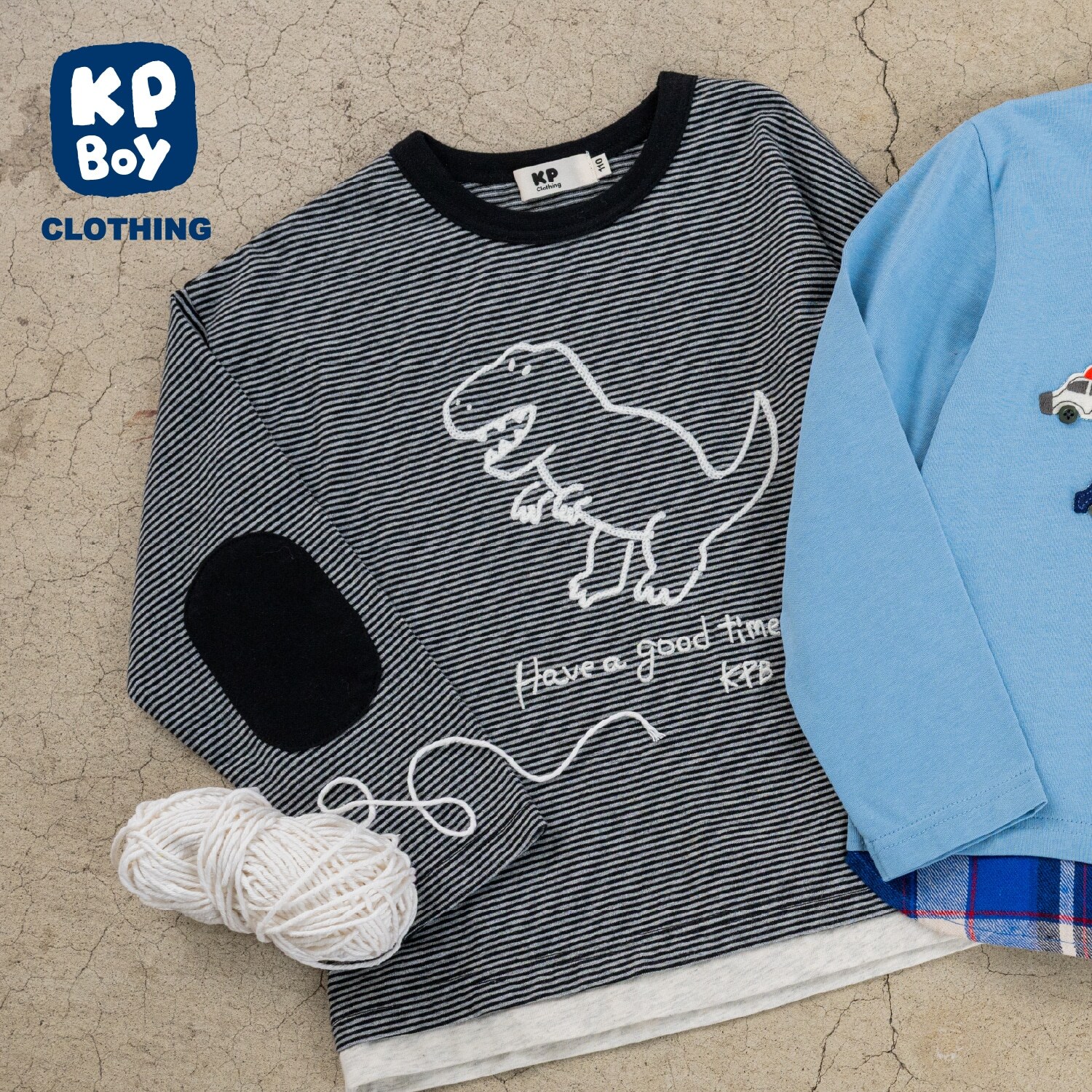 恐竜刺しゅう×エルボーパッチ ミジンボーダー長T