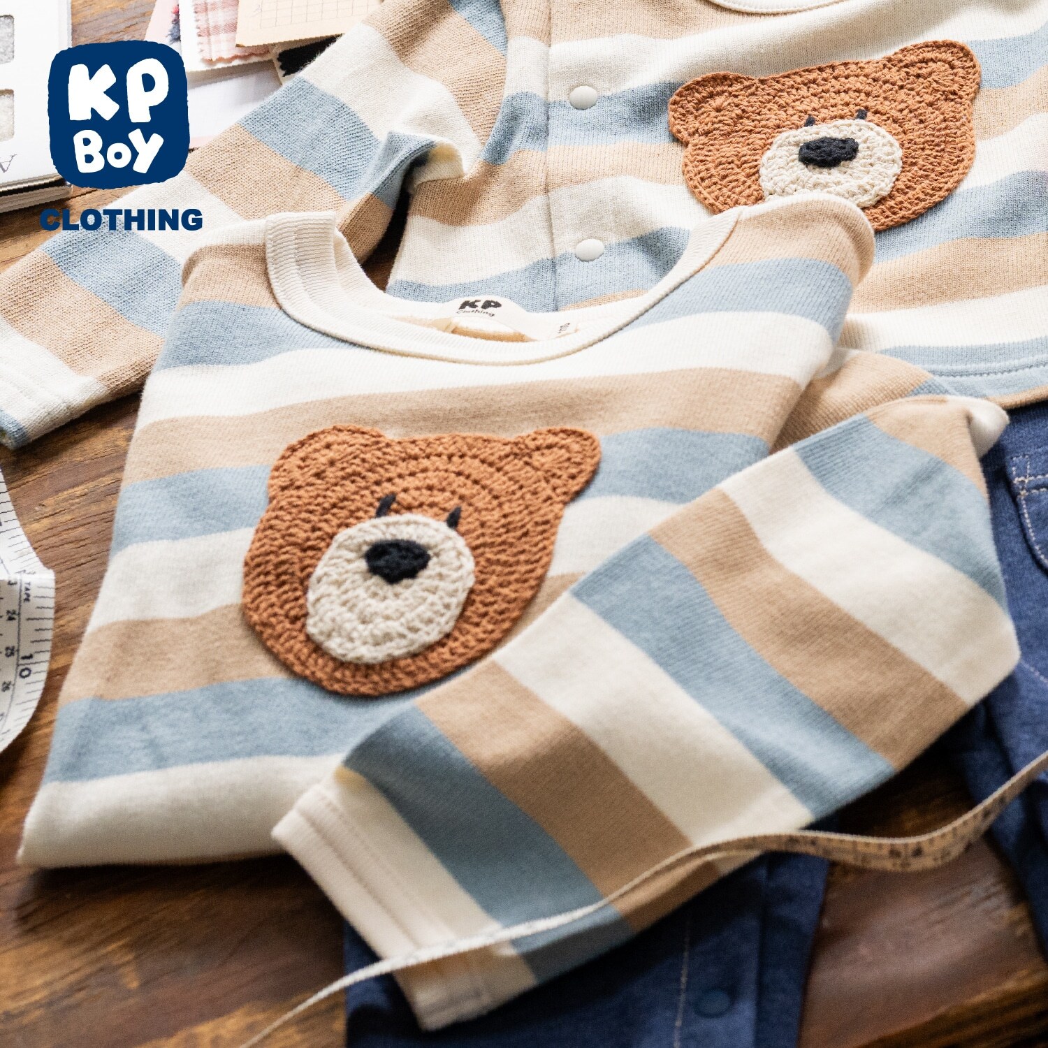 クマ編モチーフ マルチボーダー長袖Tシャツ