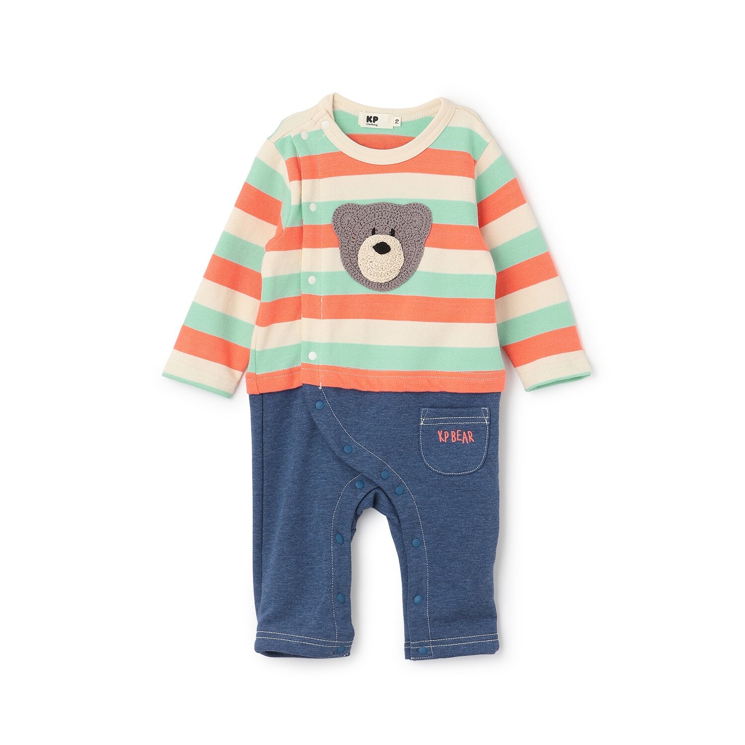 クマ編モチーフ マルチボーダー×杢裏毛 カバーオール