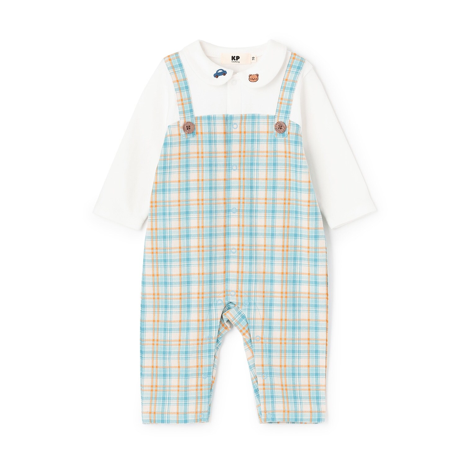 先染チェック レイヤード風カバーオール