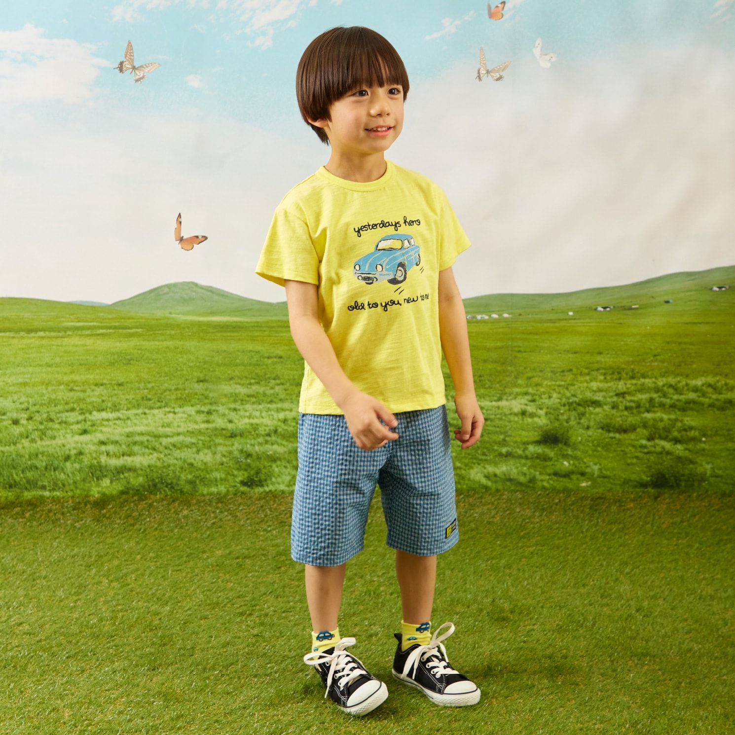 車T×チェックハーフパンツ セット