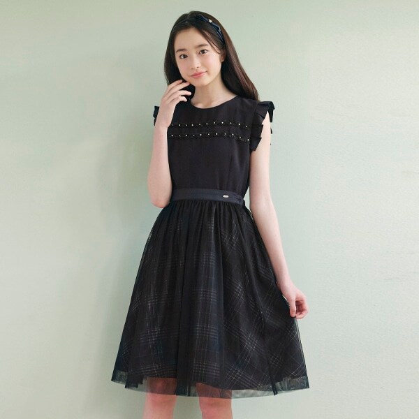 チェックドッキングワンピース×チュールスカート
