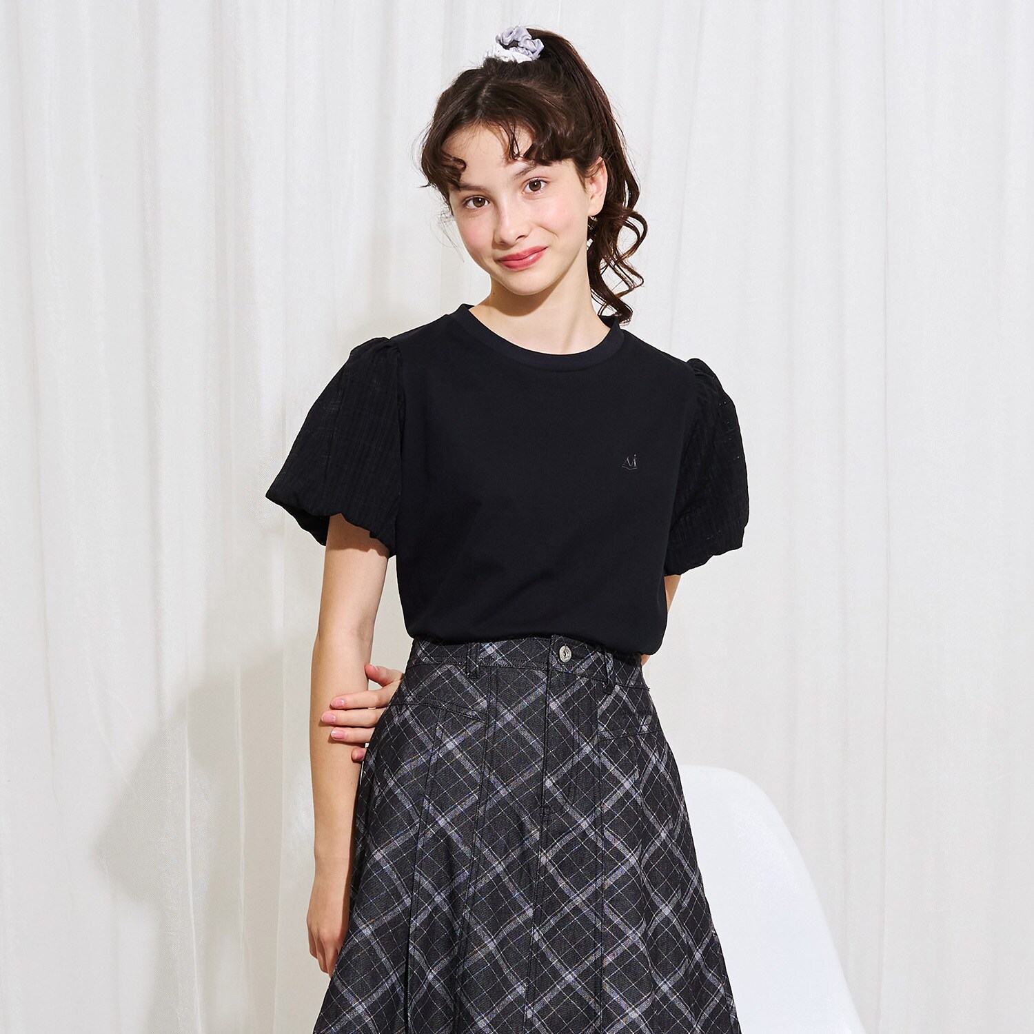 【AMI】接触冷感チェックバルーンスリーブTシャツ