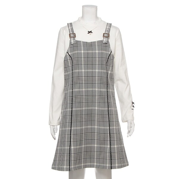 ハイネックリブTシャツ×肩ベルトワンピースセット