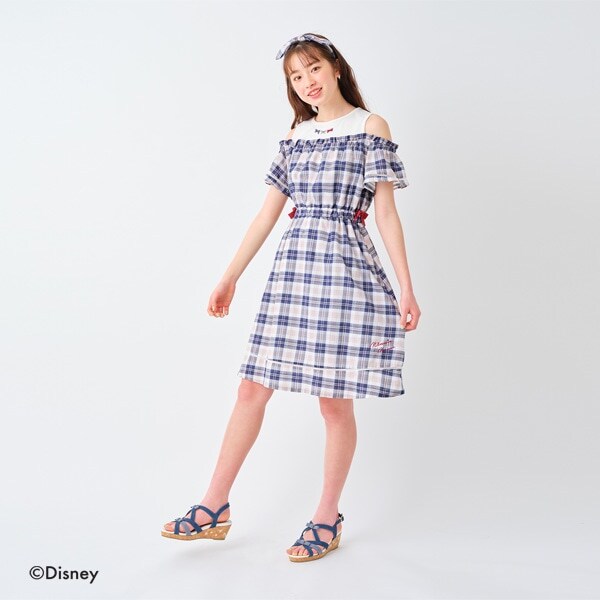 【DISNEY】 ミニーマウスデザイン ヘアバンドつきオフショルチェックワンピース
