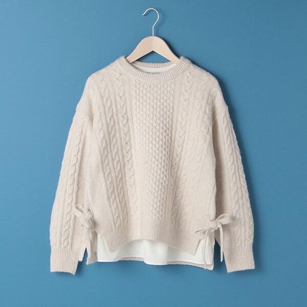 フェイクパールつきもっちリニット×裾チュールTシャツセット