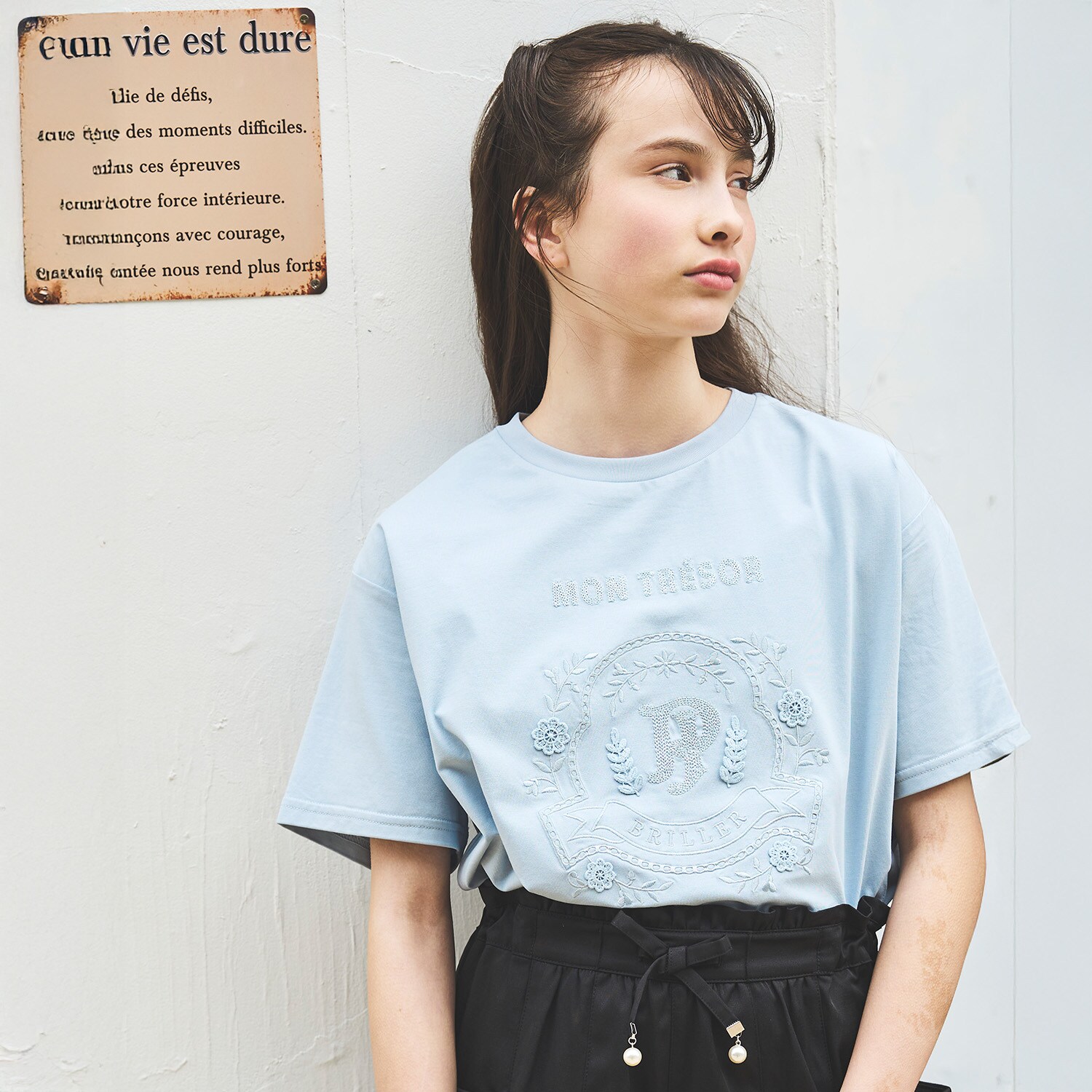 【130cmあり】【接触冷感】レースモチーフ刺しゅうTシャツ