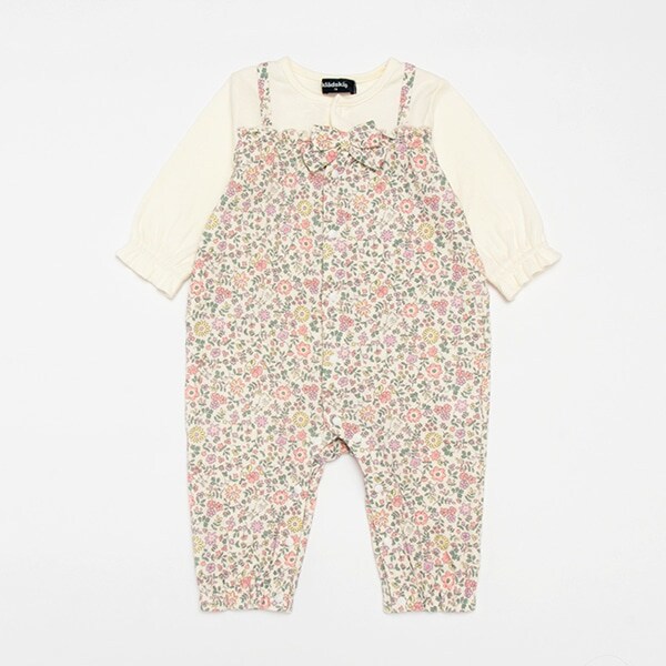 お尻ウサギ花柄切替長袖カバーオール