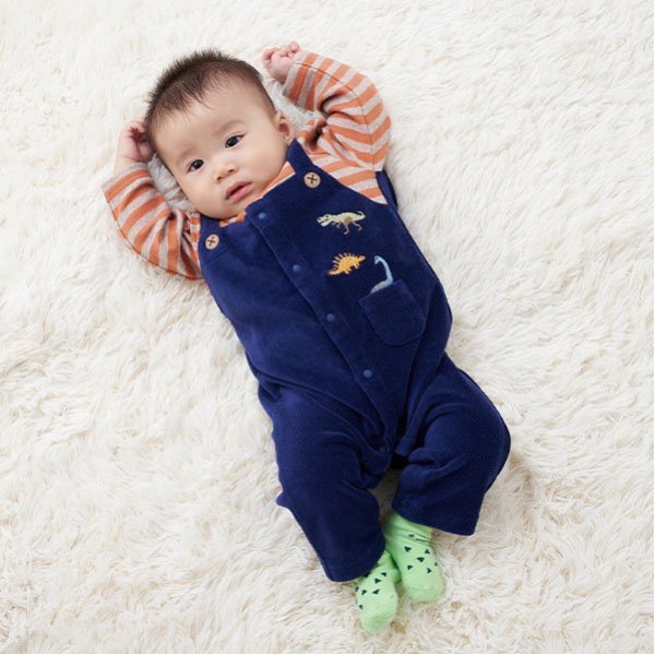 恐竜ボーダーレイヤード風長袖カバーオール