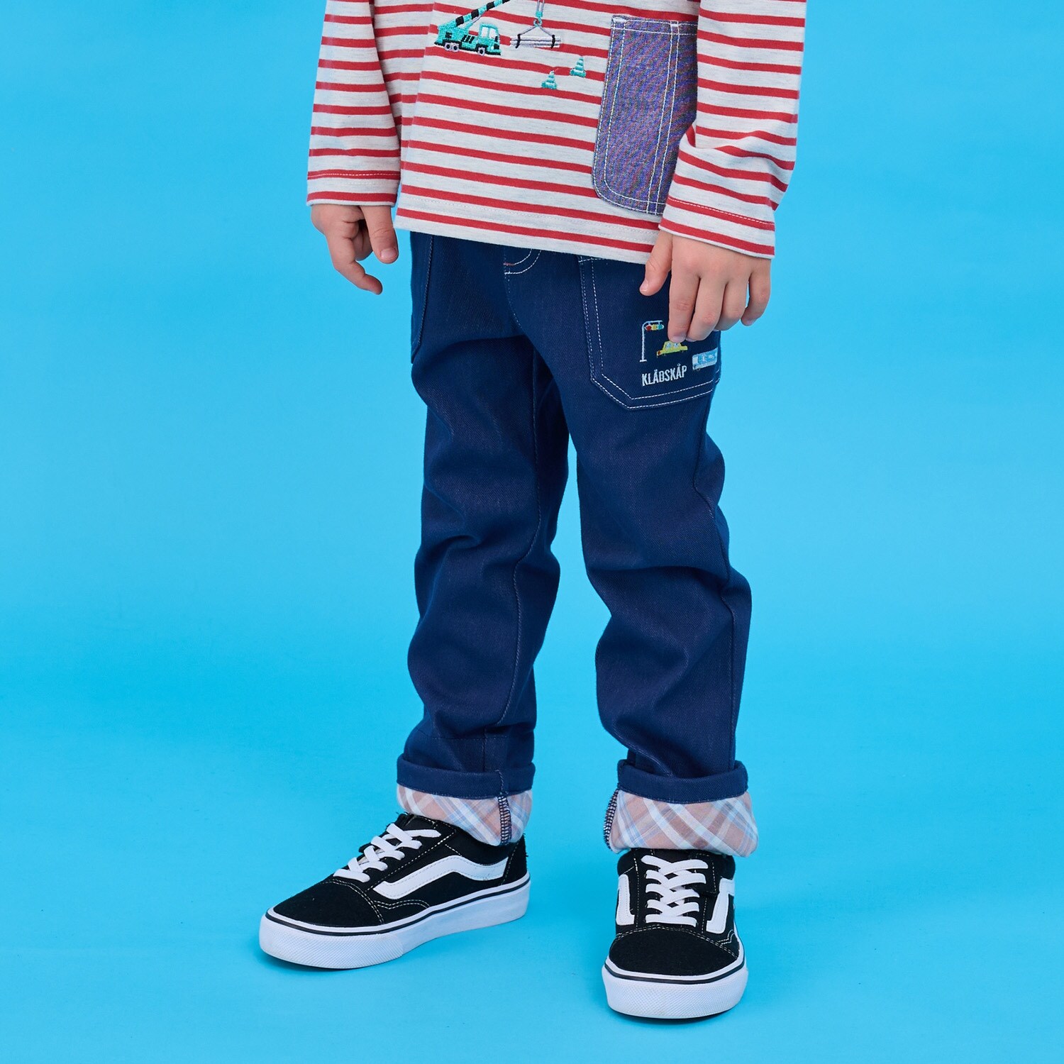 乗り物刺しゅうロング丈ストレートパンツ