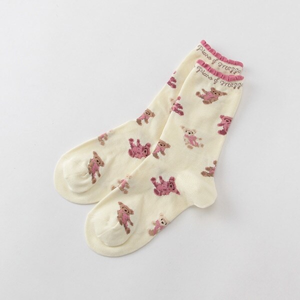 【トドラーサイズ】 テディベア柄フリルクルーソックス