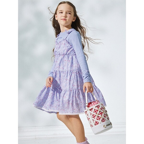 小花柄ティアードワンピース×テレコTシャツセット