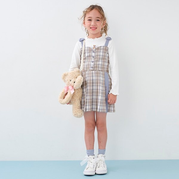 チェックビスチェ×プリーツスカート×長袖Tシャツセット