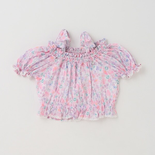 水彩フラワー柄パフスリーブ　ブラウス