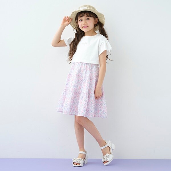 水彩フラワー柄ドッキングティアードワンピース