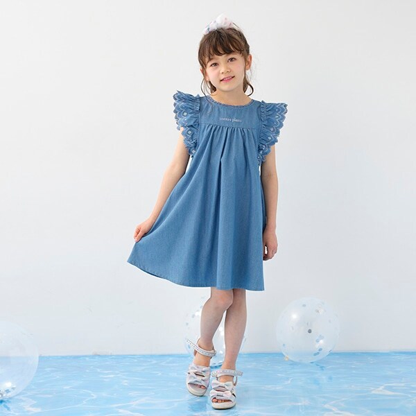 レース刺しゅう　肩開きデニムワンピース